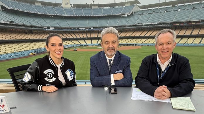 2025 World Series at Dodger Stadium, team historian Mark Langill, Jaime Maggio, Ned Colletti. (Photo: KCBS-TV). Los Angeles Wins the World Series