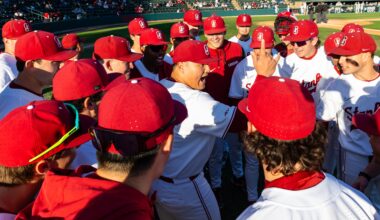 Stanford baseball team huddled.