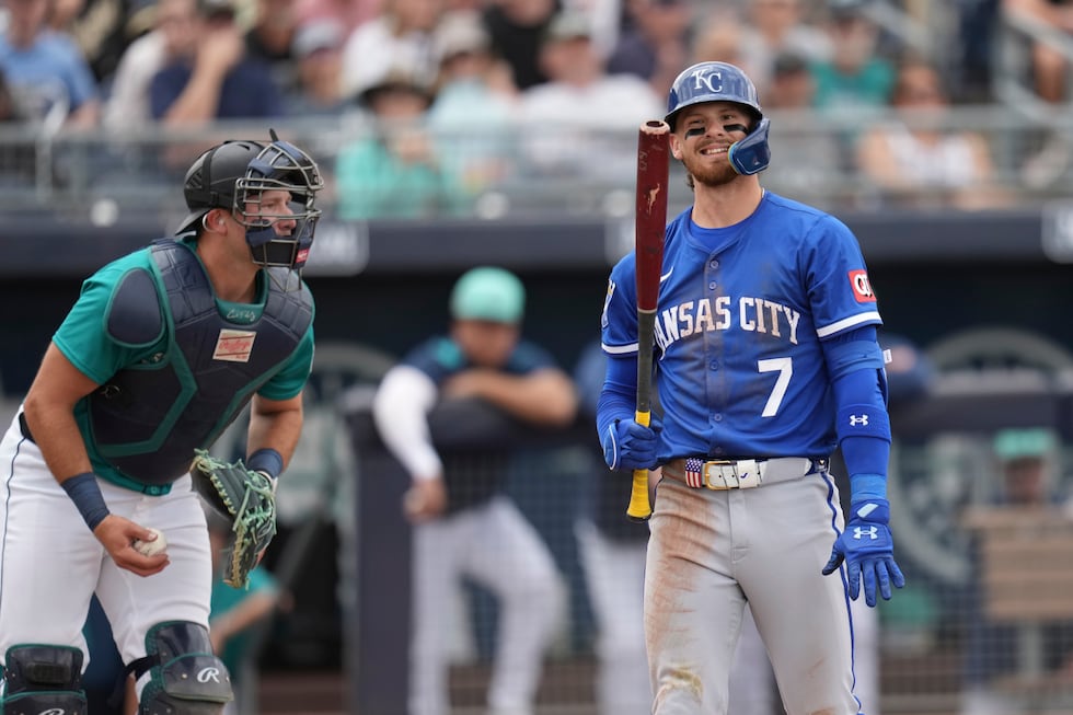 FILE - Kansas City Royals' Bobby Witt Jr. (7) grimaces after striking out as Seattle Mariners...