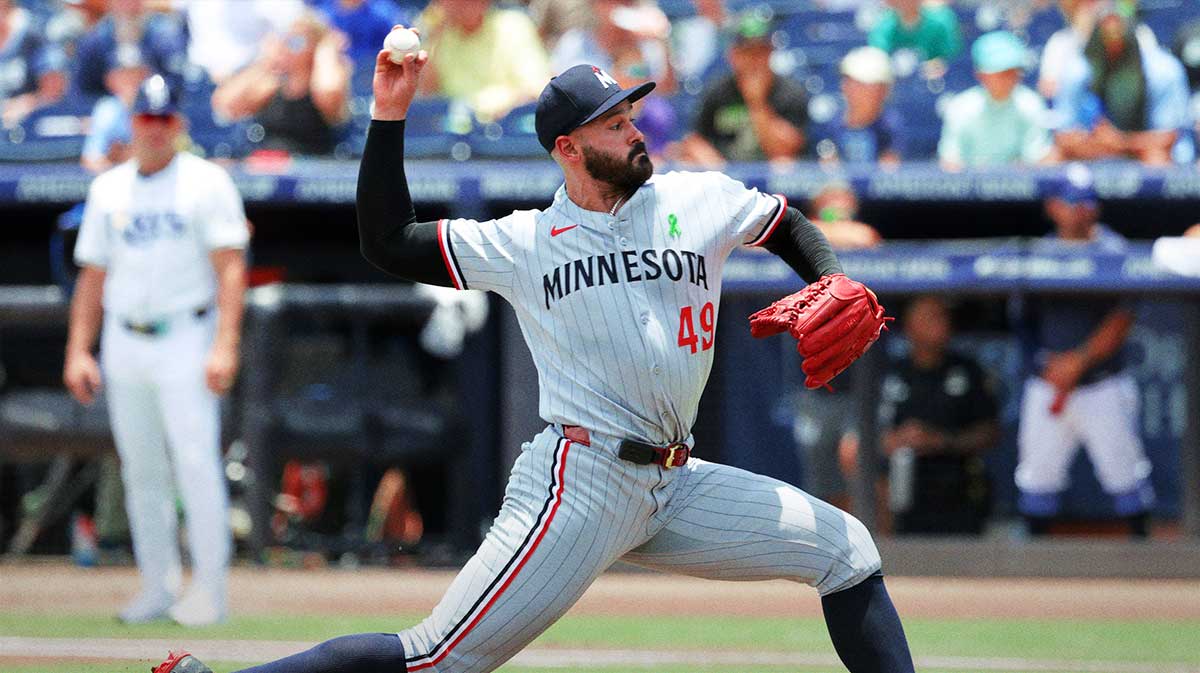 Minnesota Twins starting pitcher Pablo Lopez (49) throws a pitch against the Tampa Bay Rays during the first inning at George M. Steinbrenner Field.