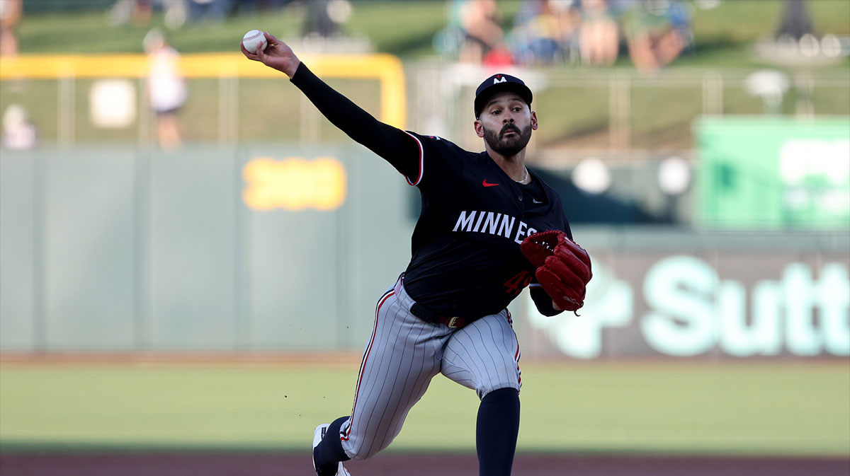 Minnesota Twins starting pitcher Pablo Lopez (49) throws a pitch against the Athletics during the first inning at Sutter Health Park.