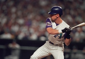 Arizona Diamondbacks left fielder Luis Gonzalez at the plate against the New York Yankees during the 2001 World Series. Mandatory Credit: VJ Lovero-USA TODAY NETWORK