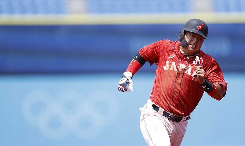 Jul 31, 2021; Yokohama, Japan;  Team Japan infielder Munetaka Murakami (55) rounds the bases against Mexico during the Tokyo 2020 Olympic Summer Games at Yokohama Baseball Stadium. Mandatory Credit: Yukihito Taguchi-USA TODAY Sports