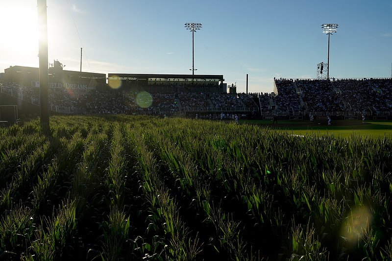 General view of the Field of Dreams stadium from the cornfield beyond the left-wall during the third inning of a baseball game between the Chicago Cubs and the Cincinnati Reds, Thursday, Aug. 11, 2022, at the MLB Field of Dreams stadium in Dyersville, Iowa...Mlb Field Of Dreams Game Cincinnati Reds At Chicago Cubs Aug 11 5495