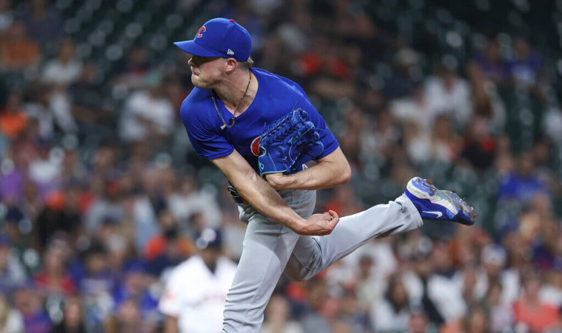 Chicago Cubs relief pitcher Keegan Thompson delivers a pitch during the ninth inning against the Houston Astros