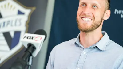FC Naples head coach Matt Poland smiles while speaking to the media during an open training and press conference at Paradise Coast Sports Complex in Naples, Fla., on Monday, Feb. 10, 2025.