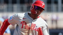 Feb 25, 2025; Port Charlotte, Florida, USA;  Philadelphia Phillies outfielder Justin Crawford (80) runs home to score against the Tampa Bay Rays during the fourth inning at Charlotte Sports Park. Mandatory Credit: Kim Klement Neitzel-Imagn Images