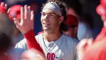 Feb 26, 2025; Dunedin, Florida, USA; Philadelphia Phillies outfielder Gabriel Rincones Jr. (85) celebrates after hitting a home run against the Toronto Blue Jays in the third inning during spring training at TD Ballpark. Mandatory Credit: Nathan Ray Seebeck-Imagn Images