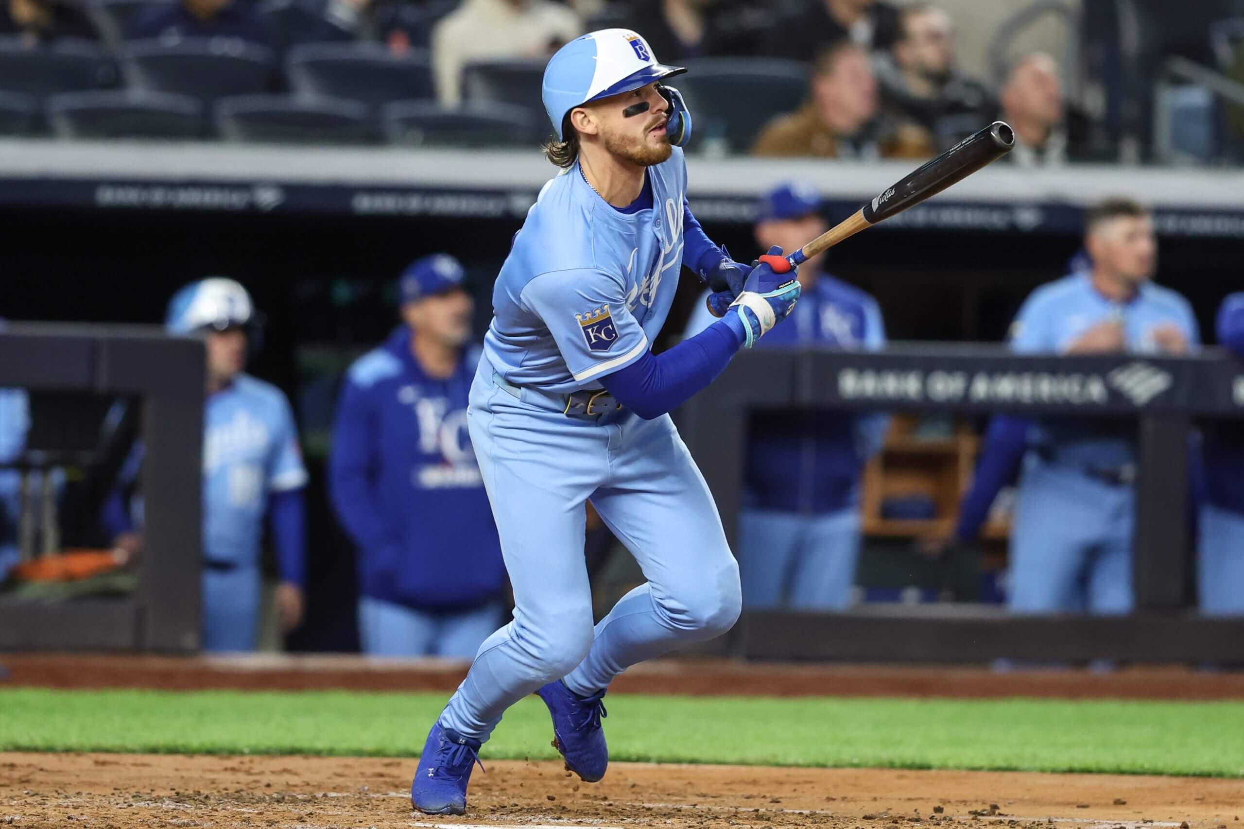 Kansas City Royals shortstop Bobby Witt Jr. hits an RBI double in the third inning against the New York Yankees at Yankee Stadium.