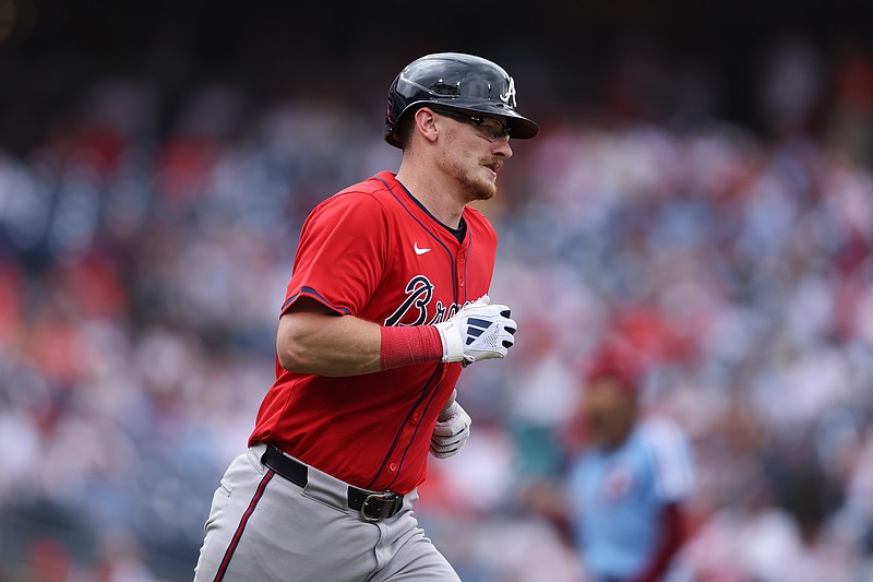 May 29, 2025; Philadelphia, Pennsylvania, USA; Atlanta Braves catcher Sean Murphy (12) runs the bases after hitting a home run during the eighth inning against the Philadelphia Phillies at Citizens Bank Park. Mandatory Credit: Bill Streicher-Imagn Images
