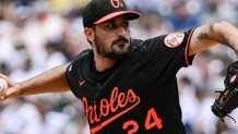 Jun 21, 2025; Bronx, New York, USA; Baltimore Orioles pitcher Zach Eflin (24) pitches against the New York Yankees during the first inning at Yankee Stadium. Mandatory Credit: John Jones-Imagn Images