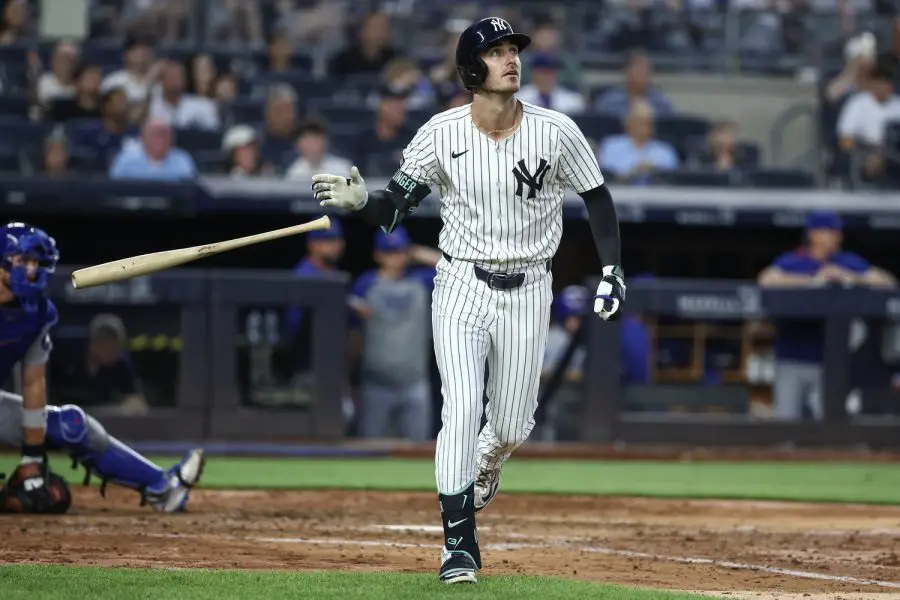 New York Yankees center fielder Cody Bellinger (35) hits a two run home run in the fifth inning against the Chicago Cubs at Yankee Stadium.