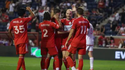 Aug 16, 2025; Bridgeview, Illinois, USA; Chicago Fire FC celebrate a first half goal against St. Louis CITY SC at SeatGeek Stadium. Mandatory Credit: Talia Sprague-Imagn Images