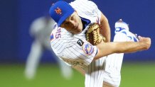 Aug 17, 2025; Williamsport, Pennsylvania, USA; New York Mets relief pitcher Tyler Rogers (71) throws a pitch against the Seattle Mariners in the ninth inning at Journey Bank Ballpark at Historic Bowman Field. Mandatory Credit: Kyle Ross-Imagn Images