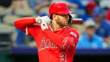 Sep 3, 2025; Kansas City, Missouri, USA; Los Angeles Angels designated hitter Taylor Ward (3) bats during the fourth inning against the Kansas City Royals at Kauffman Stadium. Mandatory Credit: Jay Biggerstaff-Imagn Images