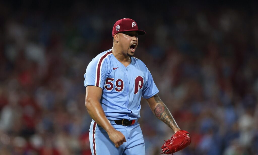 Sep 11, 2025; Philadelphia, Pennsylvania, USA; Philadelphia Phillies pitcher Jhoan Duran (59) reacts after a strike out to end the game with a win against the New York Mets at Citizens Bank Park.