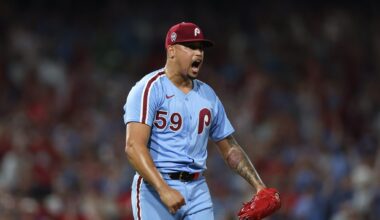 Sep 11, 2025; Philadelphia, Pennsylvania, USA; Philadelphia Phillies pitcher Jhoan Duran (59) reacts after a strike out to end the game with a win against the New York Mets at Citizens Bank Park.