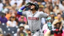 Sep 28, 2025; San Diego, California, USA; Arizona Diamondbacks second baseman Ketel Marte (4) looks skyward after hitting a solo home run during the first inning against the San Diego Padres at Petco Park. Mandatory Credit: Denis Poroy-Imagn Images