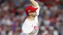 Oct 6, 2025; Philadelphia, Pennsylvania, USA; Philadelphia Phillies pitcher Tanner Banks (58) throws a pitch against the Los Angeles Dodgers in the eighth inning during game two of the NLDS round for the 2025 MLB playoffs at Citizens Bank Park. Mandatory Credit: Bill Streicher-Imagn Images