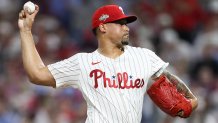 Oct 6, 2025; Philadelphia, Pennsylvania, USA; Philadelphia Phillies pitcher Jhoan Duran (59) throws a pitch against the Los Angeles Dodgers in the ninth inning during game two of the NLDS round for the 2025 MLB playoffs at Citizens Bank Park. Mandatory Credit: Bill Streicher-Imagn Images