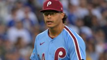 Oct 9, 2025; Los Angeles, California, USA; Philadelphia Phillies pitcher Jesus Luzardo (44) reacts after the tenth inning against the Los Angeles Dodgers during game four of the NLDS round for the 2025 MLB playoffs at Dodger Stadium. Mandatory Credit: Jayne Kamin-Oncea-Imagn Images