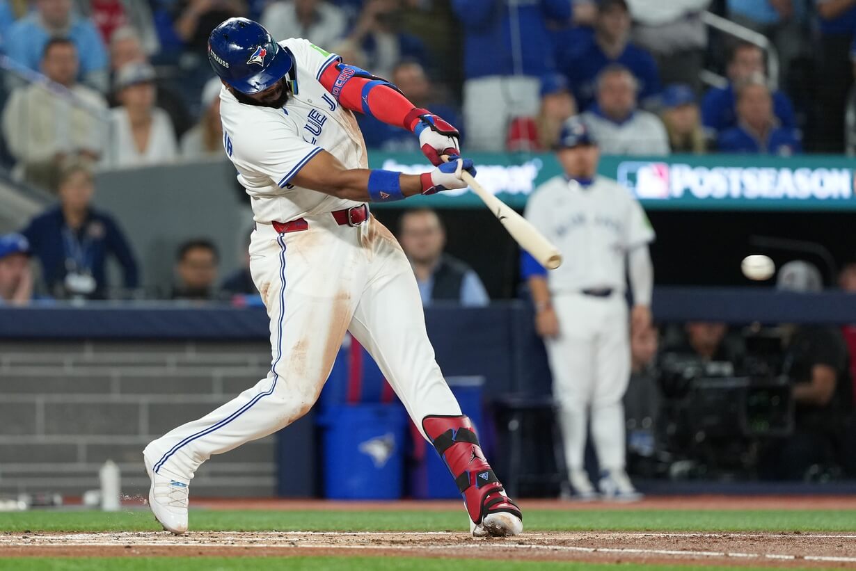 Vladimir Guerrero Jr. strokes a hit during Game 7 of the American League Championship Series.