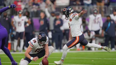 Nov 16, 2025; Minneapolis, Minnesota, USA; Chicago Bears kicker Cairo Santos (8) kicks a game-winning field goal against the Minnesota Vikings during the fourth quarter at U.S. Bank Stadium.