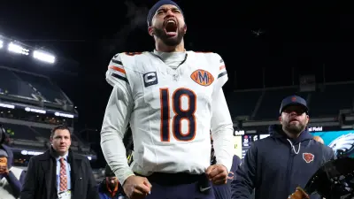 Nov 28, 2025; Philadelphia, Pennsylvania, USA; Chicago Bears quarterback Caleb Williams (18) celebrates after the game against the Philadelphia Eagles at Lincoln Financial Field.