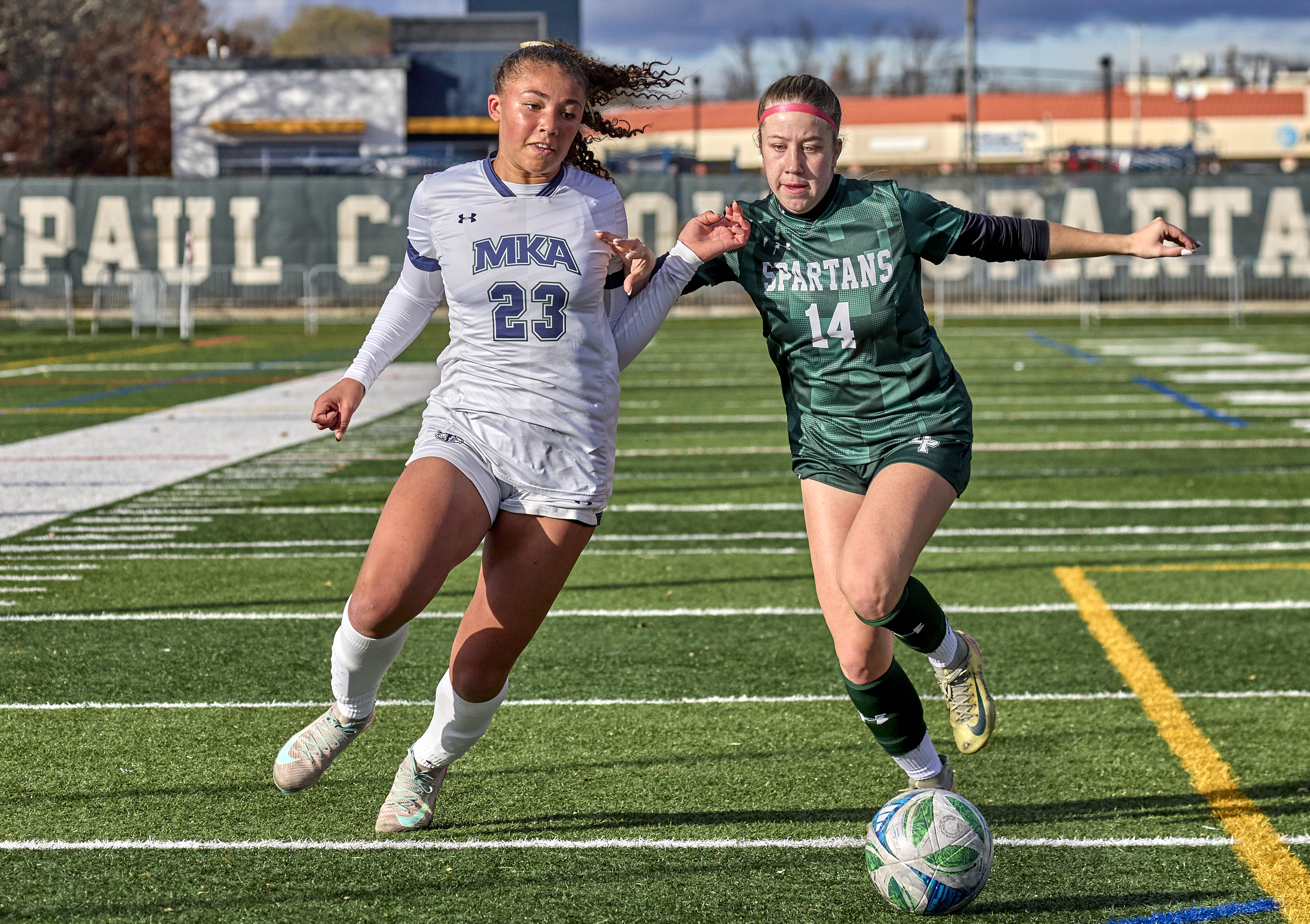Sloane Dawes (23) of Montclair Kimberley and Bao DeLorenzo (14) of DePaul Catholic go after a loose ball during the Girls North, NPB Final at DePaul Catholic High School in Wayne on Thursday, November 13, 2025.  