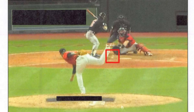 A screenshot of video footage included in the indictment against Emmanuel Clase and Luis Ortiz shows a Clase pitch landing in the dirt.
