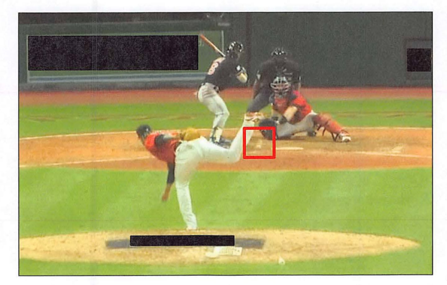 A screenshot of video footage included in the indictment against Emmanuel Clase and Luis Ortiz shows a Clase pitch against the Red Sox on June 7, 2023, landing in the dirt.