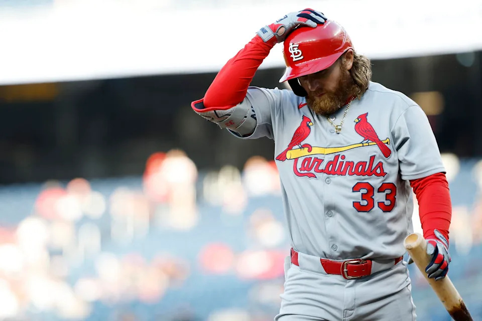 May 9, 2025; Washington, District of Columbia, USA; St. Louis Cardinals second base Brendan Donovan (33) returns to the dugout after striking out against the Washington Nationals during the first inning at Nationals Park. Mandatory Credit: Geoff Burke-Imagn Images