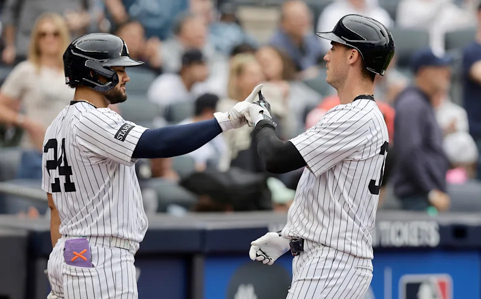 NEW YORK, NEW YORK - MAY 04:  Cody Bellinger #35 of the New York Yankees celebrates his home run against the Tampa Bay Rays with teammate Jasson Dominguez #24 at Yankee Stadium on May 04, 2025 in New York City. The Rays defeated the Yankees 7-5. (Photo by Jim McIsaac/Getty Images)