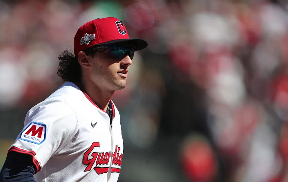 Cleveland Guardians center fielder Chase DeLauter (34) jogs back to the dugout during the first inning of Game 2 of the American League wild card series at Progressive Field, Oct. 1, 2025, in Cleveland, Ohio.