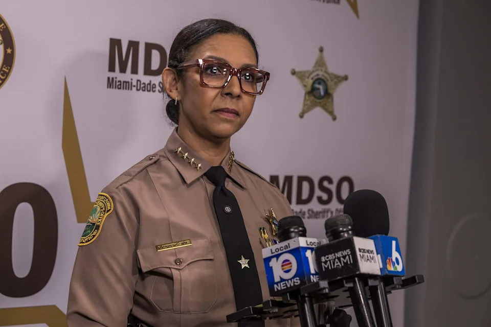 Miami-Dade Sheriff Rosie Cordero-Stutz speaks during a press conference at the Sheriff Office headquarters in Doral, about the death of Miami-Dade Deputy Devin Jaramillo, who was shot and killed as he responded to a traffic accident, on Saturday November 08, 2025.