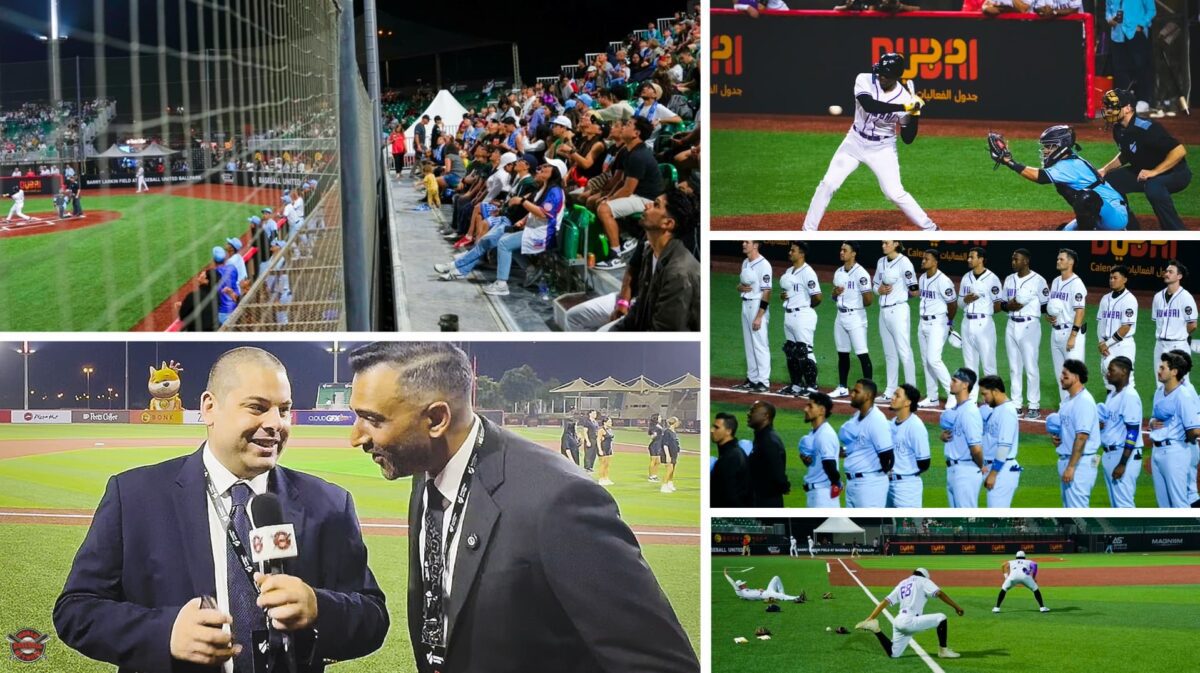 Baseball United Opening Night in Dubai with fans in the stands, players stretching on the field, the Mumbai and Karachi lineups during pregame ceremonies, and WBN’s Matthew Tallarini interviewing founder Kash Shaikh on the field.