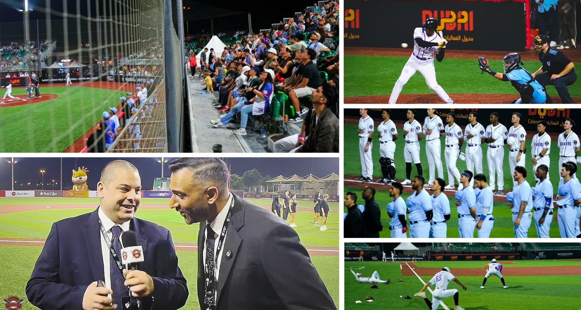 Baseball United Opening Night in Dubai with fans in the stands, players stretching on the field, the Mumbai and Karachi lineups during pregame ceremonies, and WBN’s Matthew Tallarini interviewing founder Kash Shaikh on the field.