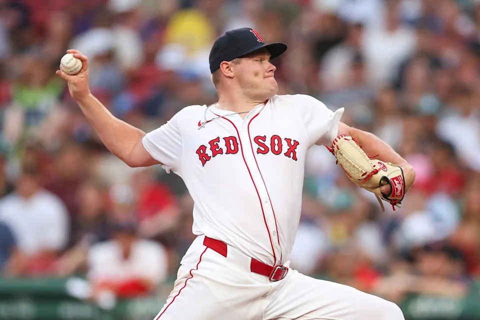 Jul 7, 2025; Boston, Massachusetts, USA; Boston Red Sox starting pitcher Richard Fitts (80) delivers a pitch during the second inning against the Colorado Rockies at Fenway Park. (Paul Rutherford/Imagn Images)