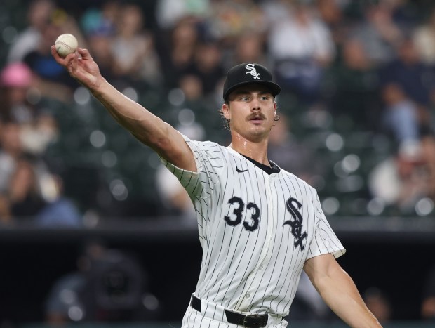 White Sox starting pitcher Drew Thorpe throws to first base for an out against the Rockies on June 28, 2024, at Rate Field. (John J. Kim/Chicago Tribune)