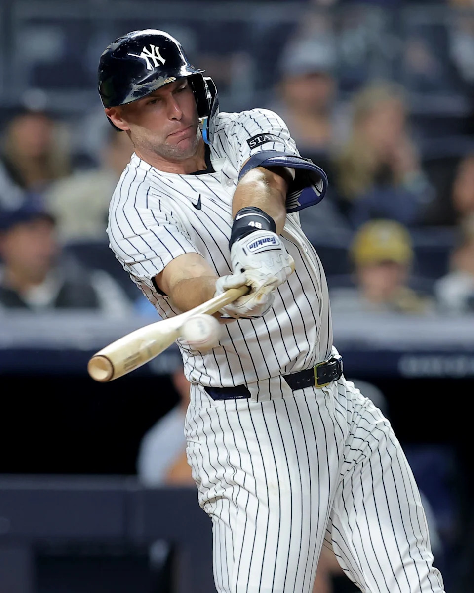 Sep 24, 2025; Bronx, New York, USA; New York Yankees first baseman Paul Goldschmidt (48) hits an RBI single during the third inning against the Chicago White Sox at Yankee Stadium. Mandatory Credit: Brad Penner-Imagn Images