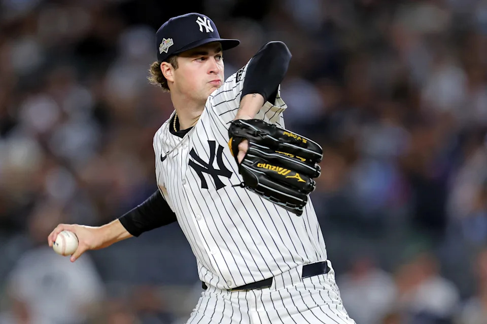 Oct 8, 2025; Bronx, New York, USA; New York Yankees pitcher Cam Schlittler (31) pitches during the fifth inning against the Toronto Blue Jays during game four of the ALDS round for the 2025 MLB playoffs at Yankee Stadium. Mandatory Credit: Brad Penner-Imagn Images
