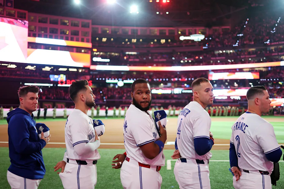 TORONTO, ON - NOVEMBER 01: Vladimir Guerrero Jr. #27 of the Toronto Blue Jays looks on during the singing of the national anthem prior to Game Seven of the 2025 World Series presented by Capital One between the Los Angeles Dodgers and the Toronto Blue Jays at Rogers Centre on Saturday, November 1, 2025 in Toronto, Ontario, Canada. (Photo by Rob Tringali/MLB Photos via Getty Images)
