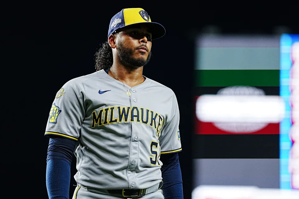 CHICAGO, IL - OCTOBER 09: Freddy Peralta #51 of the Milwaukee Brewers looks on during Game Four of the National League Division Series presented by Booking.com between the Milwaukee Brewers and the Chicago Cubs at Wrigley Field on Thursday, October 9, 2025 in Chicago, Illinois. (Photo by Mary DeCicco/MLB Photos via Getty Images)