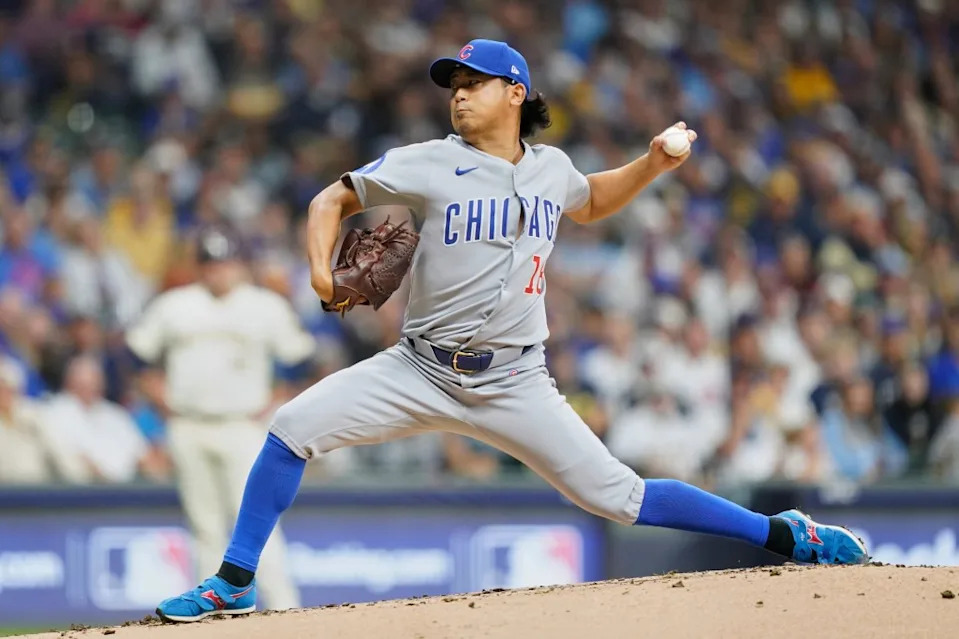 Chicago Cubs starting pitcher Shota Imanaga (18) delivers during the first inning of Game 2 of baseball’s National League Division Series against the Milwaukee Brewers Monday, Oct. 6, 2025, in Milwaukee. AP