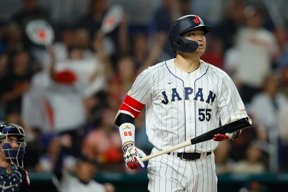 Japan third baseman Munetaka Murakami watches after hitting a home run during the second inning against USA at LoanDepot Park.