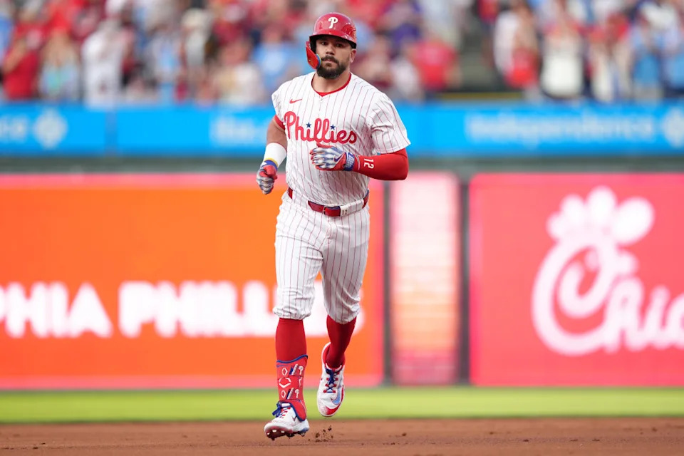 Philadelphia Phillies designated hitter Kyle Schwarber rounds the bases after hitting a two-run home run against the Boston Red Sox in the first inning at Citizens Bank Park. Mandatory Credit: Kyle Ross-Imagn ImagesKyle Ross-Imagn Images
