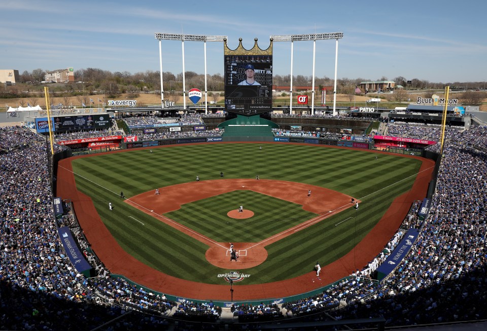 A general view as Bobby Witt Jr. #7 of the Kansas City Royals bats during the 1st inning of the opening day game against the Minnesota Twins at Kauffman Stadium on March 28, 2024