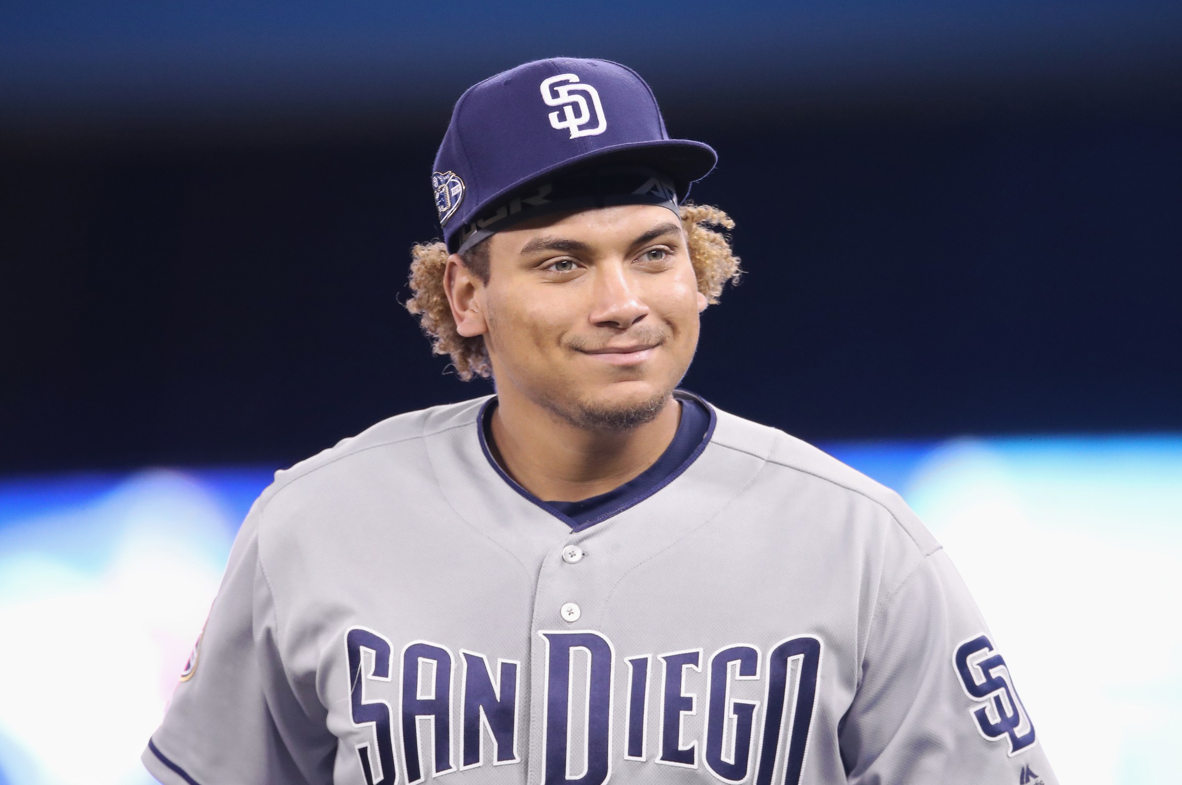 TORONTO, ON - MAY 26: Josh Naylor #22 of the San Diego Padres smiles before the start of MLB game action against the Toronto Blue Jays at Rogers Centre on May 26, 2019 in Toronto, Canada. (Photo by Tom Szczerbowski/Getty Images)