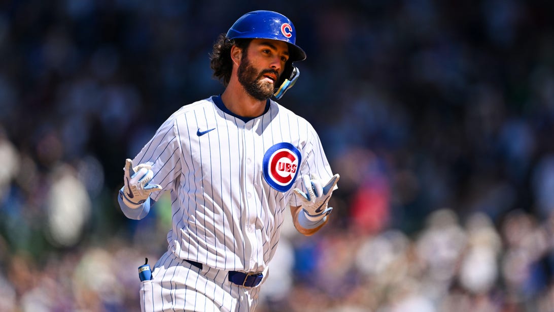 CHICAGO, ILLINOIS - MAY 05: Dansby Swanson #7 of the Chicago Cubs reacts after his home run in the sixth inning against Freddy Peralta of the Milwaukee Brewers at Wrigley Field on May 05, 2024 in Chicago, Illinois.