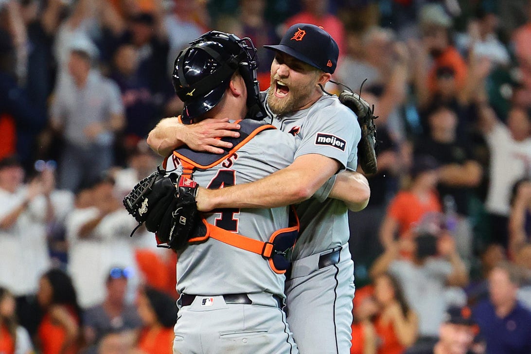 HOUSTON, TEXAS - OCTOBER 02: Will Vest #19 and Jake Rogers #34 of the Detroit Tigers celebrate after defeating the Houston Astros 5-2 during Game Two of the Wild Card Series at Minute Maid Park on October 02, 2024 in Houston, Texas.